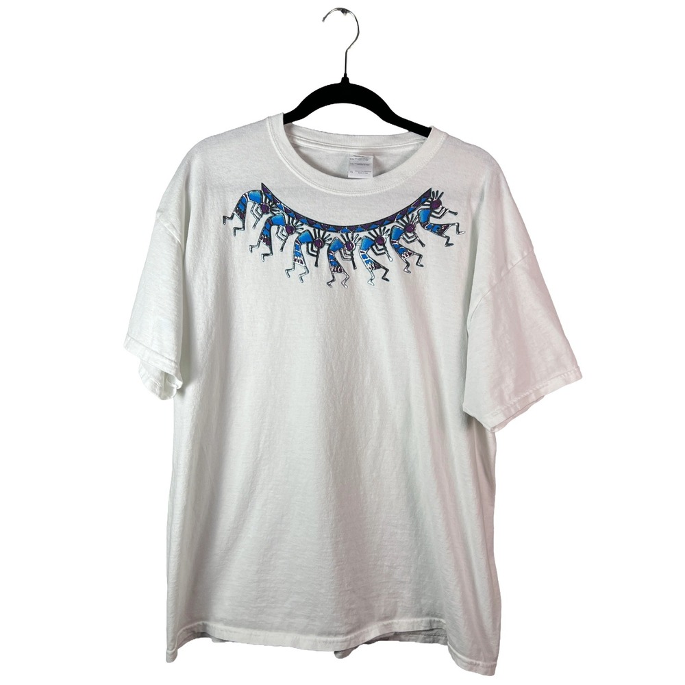 Gildan White Kokopelli Graphic T-Shirt XL Metallic Silver Blue Flute Player Tee
